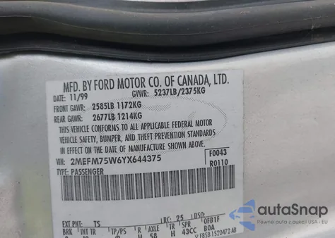 2000 Mercury Grand Marquis Ls from USA, damaged, VIN 2MEFM75W6YX644375